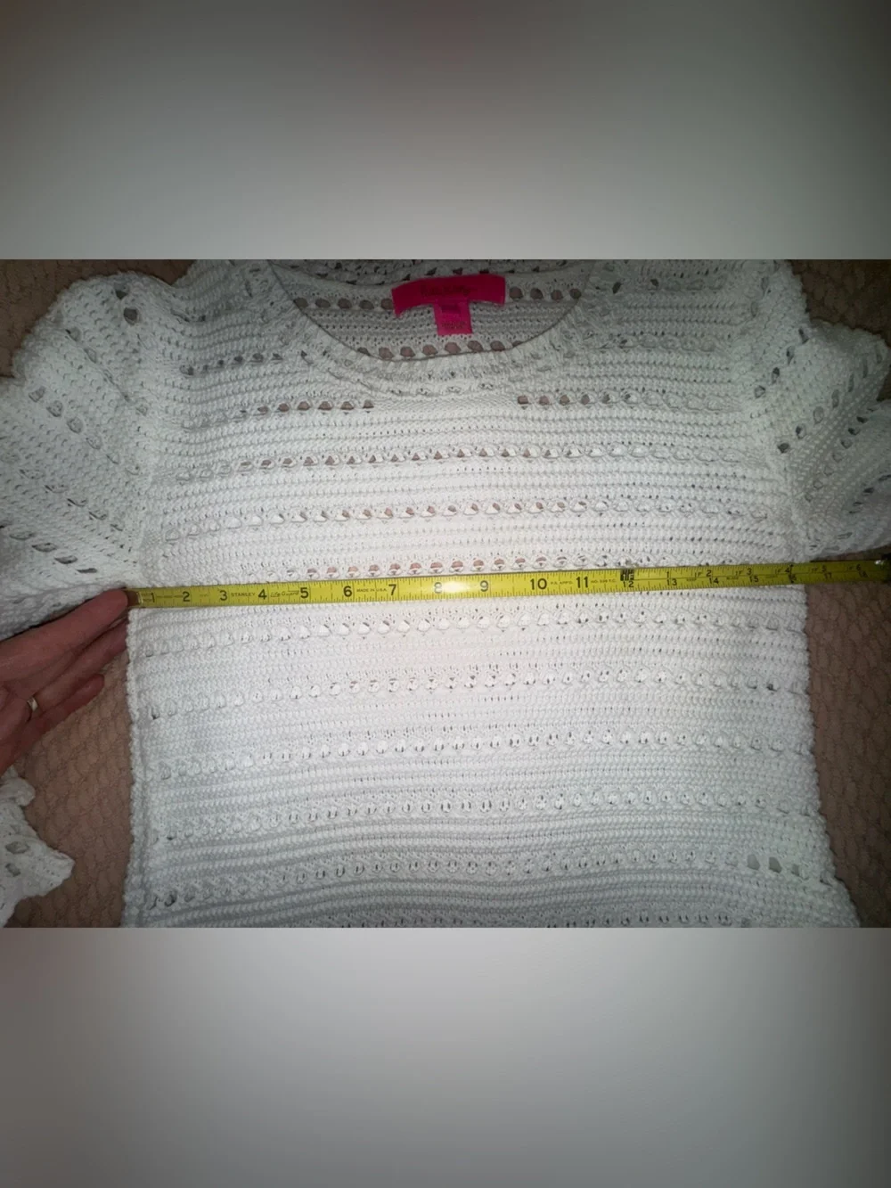 LILLY PULITZER Irina Sweater Resort White Crochet Knit Ruffle Sleeve Pullover S